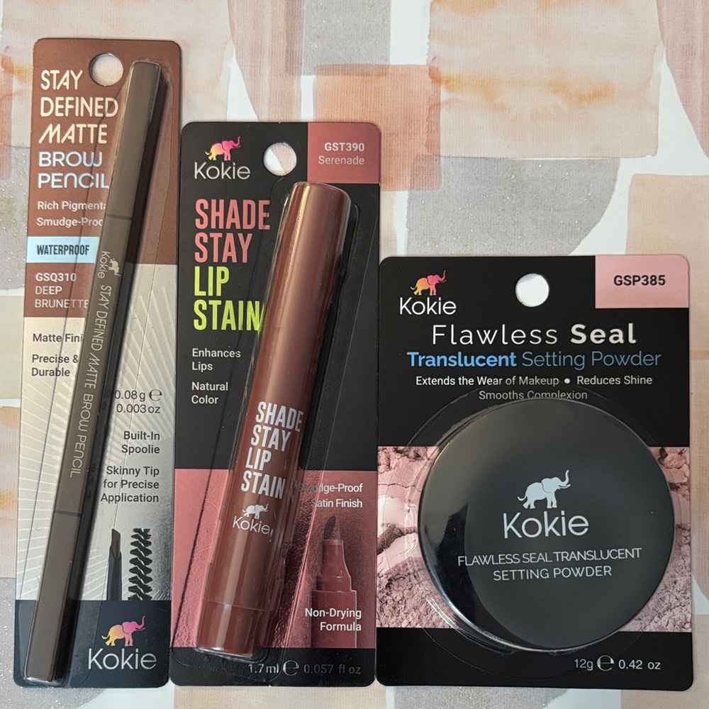 Kokie Makeup Trio - Brow Pencil, Lip Stain & Translucent Setting Powder